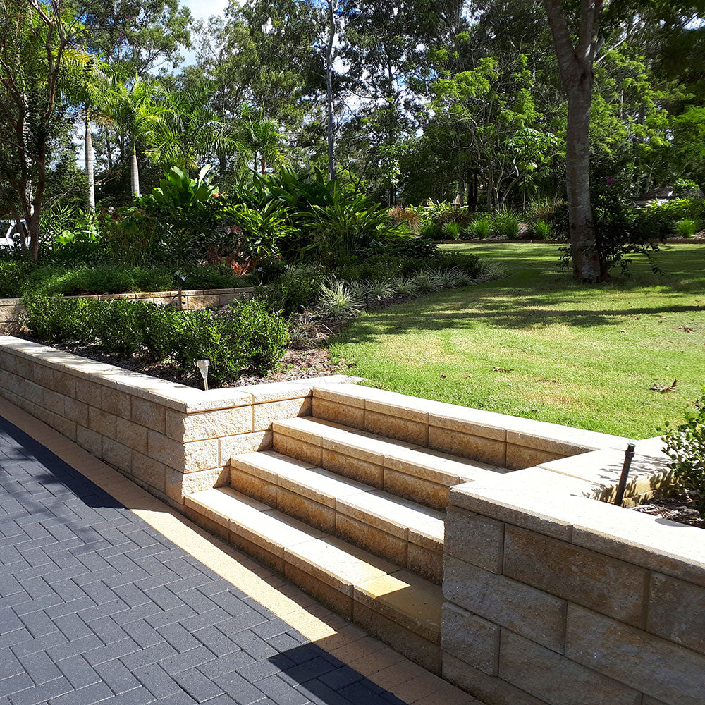Modernstone Retaining Wall Full Block - Light Sands - Factory Seconds - Laid - Available at Simons Seconds