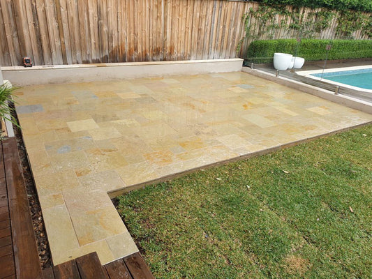 Tuscan Beige Tumbled Limestone French Pattern Natural Stone Pavers - 1st Quality - Sold per Set of 1.44m2 - Available at Simon's Seconds