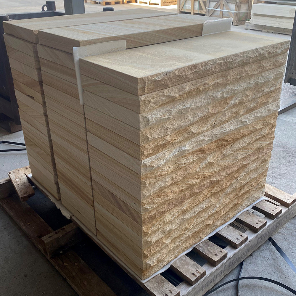 Australian Sandstone 800x300x50mm Rockface Capping - 1st Quality - Side Pallet - Available at Simon's Seconds