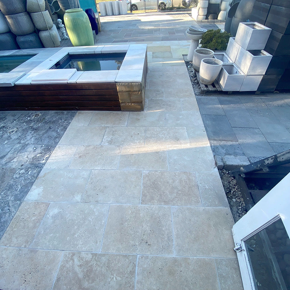 Classic Travertine 610x406x12mm Tumbled Natural Stone Tiles - 1st Quality - Pool Coping - Available at Simon's Seconds