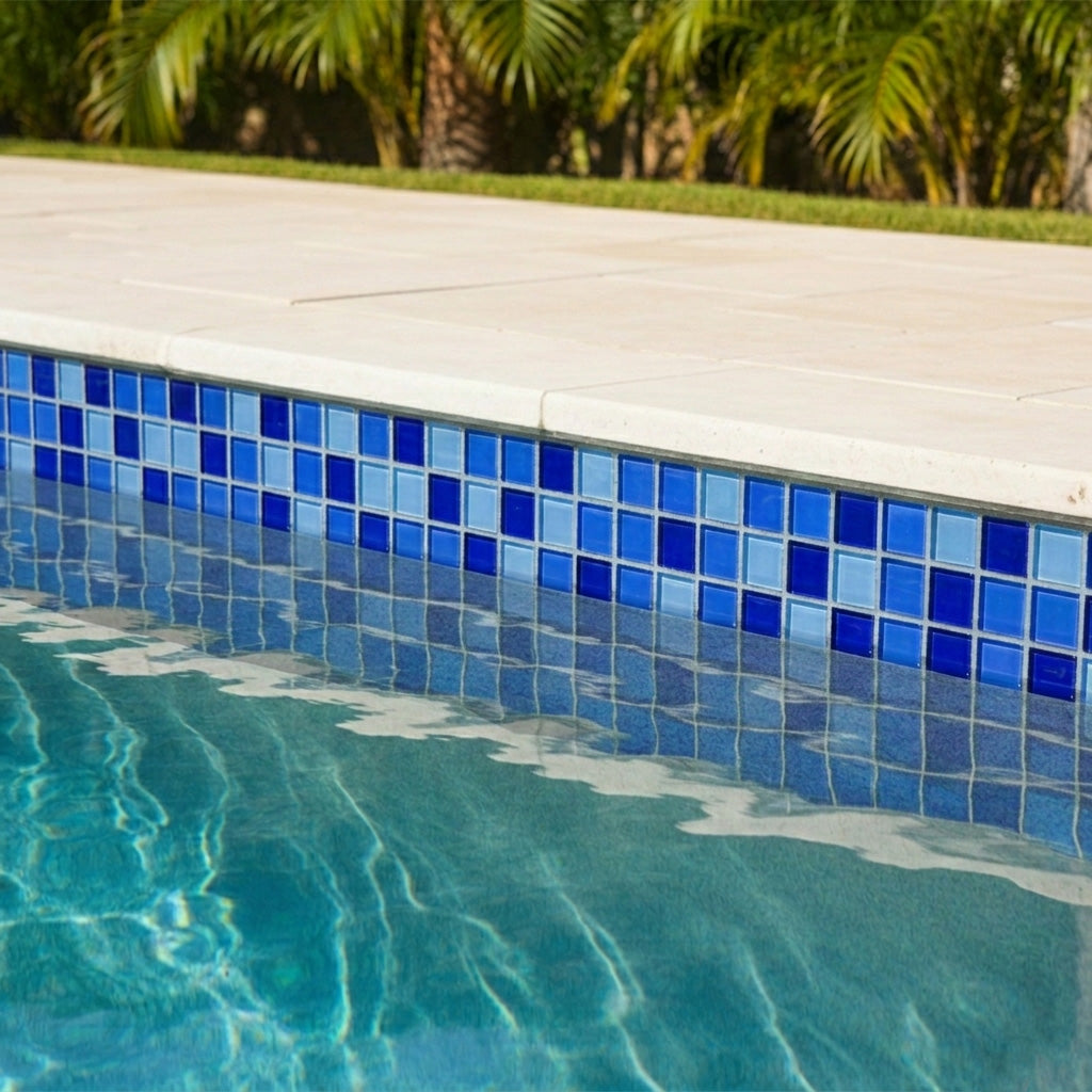 3 Mixed Blue Dot Mounted Glass Mosaic Waterline Tiles - Price per Square Metre