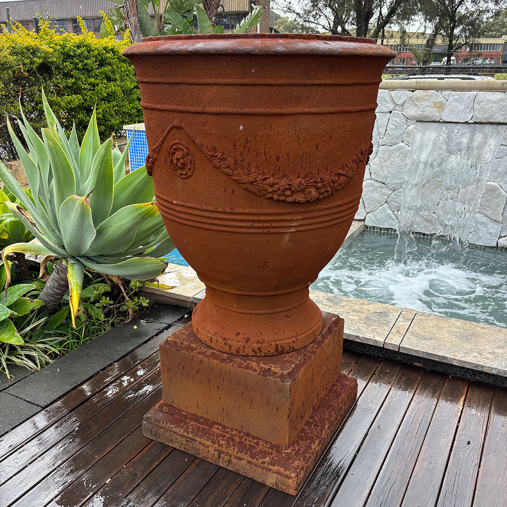 Verona Urn with Pedestal - Iron Rust - Home Garden Feature - Available at Simon's Seconds
