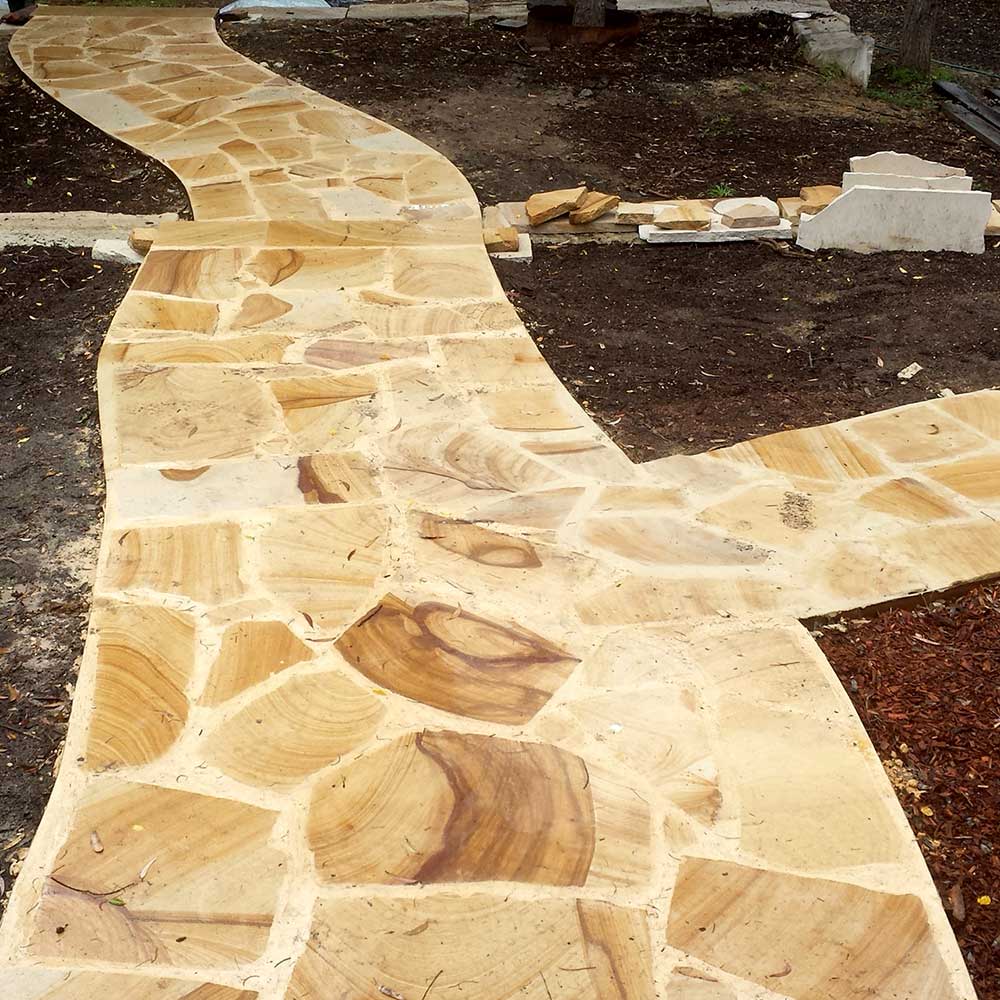 Australian Sandstone Diamond Sawn Random Flagging - 50mm Thick - 1st Quality - Laid in Front Yard - Available at Simon's Seconds