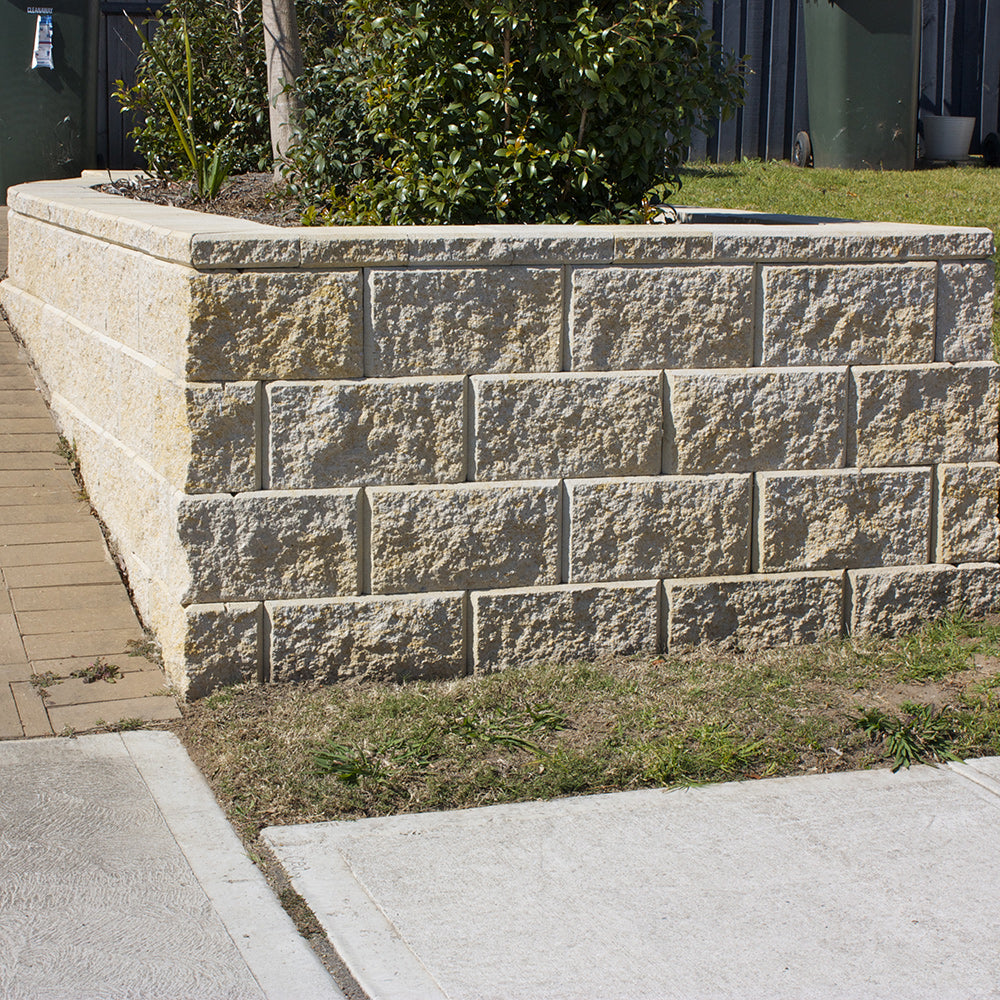 Tasman Dry Stack Retaining Wall Full Block - Yellow Rock - 1st Quality - Corner Wall - Available at Simon's Seconds