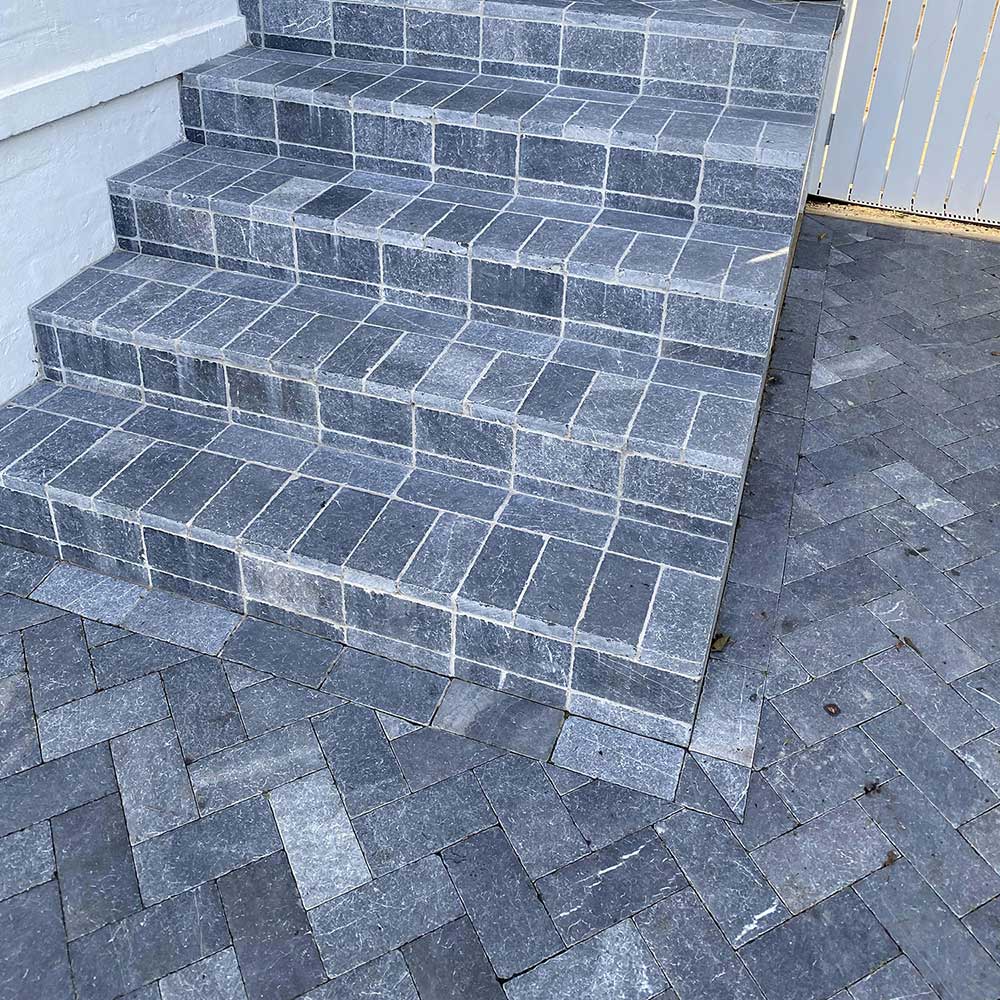 Zen Bluestone Antique Cobble 200x100x30mm Natural Stone Pavers - 1st Quality - Laid on Stairs v2- Available at Simon's Seconds