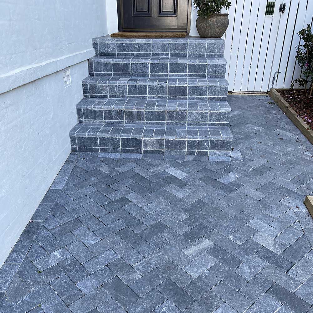 Zen Bluestone Antique Cobble 200x100x30mm Natural Stone Pavers - 1st Quality - Laid on Stairs and outdoor area- Available at Simon's Seconds