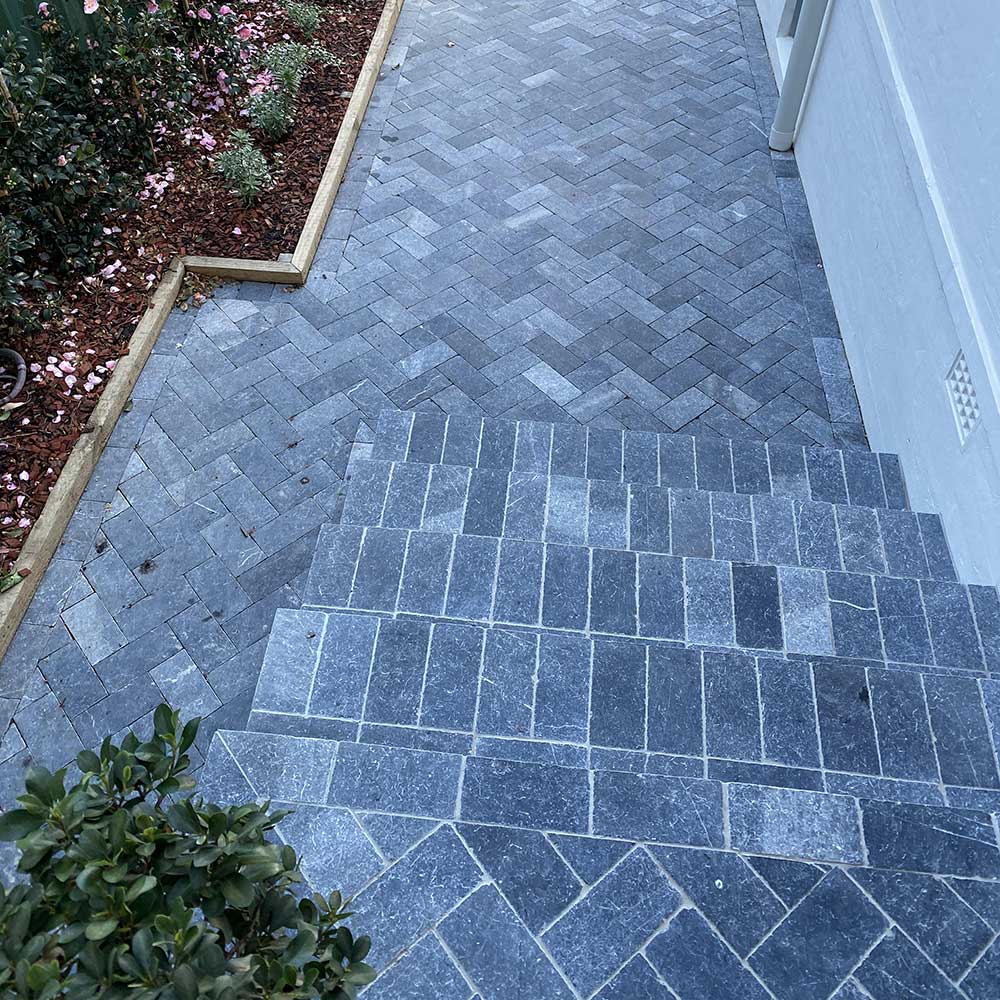 Zen Bluestone Antique Cobble 200x100x30mm Natural Stone Pavers - 1st Quality - Laid on Stairs - Available at Simon's Seconds