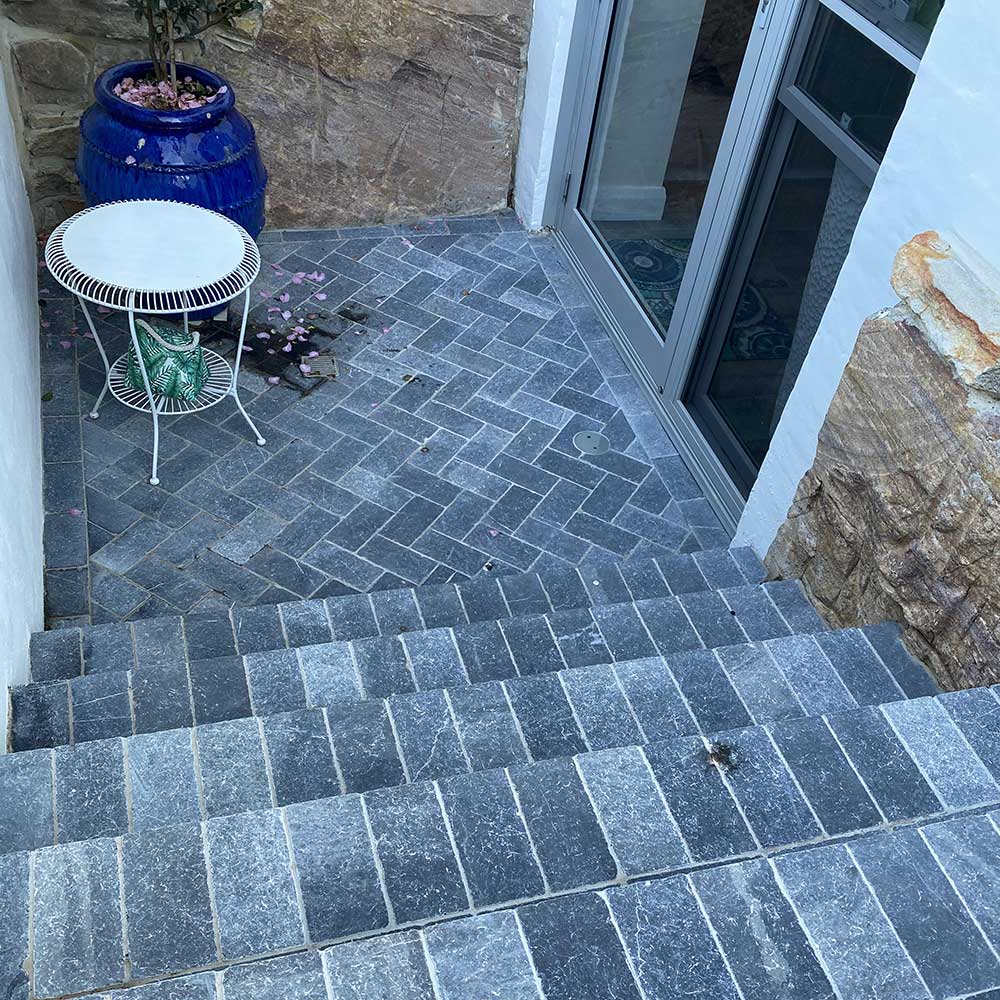 Zen Bluestone Antique Cobble 200x100x30mm Natural Stone Pavers - 1st Quality - Laid on Stairs and Entranceway- Available at Simon's Seconds